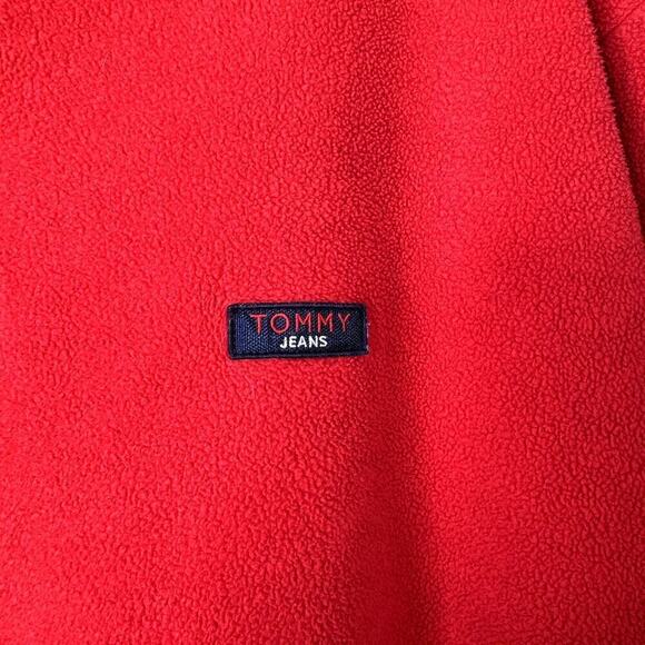 VTG Tommy Hilfiger Jeans Red Fleece 1/4 Zip Pullover Jacket Sweatshirt Mens Sz L - Picture 3 of 12